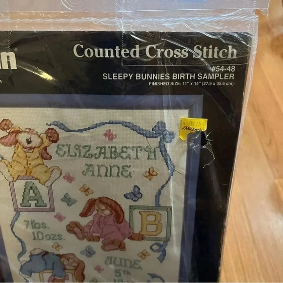 JANLYNN Counted Cross Stitch Kit SLEEPY BUNNIES BIRTH SAMPLER #54-48  11" x 14" - Picture 3 of 4